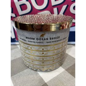 Bath & Body Works White Barn 3 WICK Candle ~ WARM OCEAN BREEZE ~ What it smells like: strolling along the pier at dusk. Fragrance notes: ocean sandalw