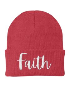 Beanie Knit Cap - Faith Embroidered Hat / Yupoong / White Text