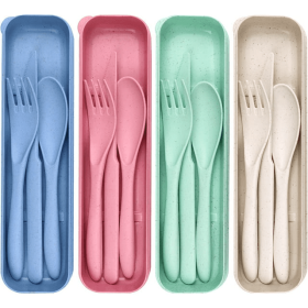 4 Pack Reusable Travel Utensils Set with Case, Wheat Straw Portable Knife Fork Spoons Tableware, Eco-Friendly Cutlery for Kids Adults Travel Picnic Ca