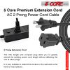 5 Core AC Power Cord 12 Ft ‚Ä¢ 2 Prong Extension Adapter ‚Ä¢ 16AWG/2C 125V 13A ‚Ä¢ US Polarized Male to Female Outlet Extension Cable Black- EXC BLK 1